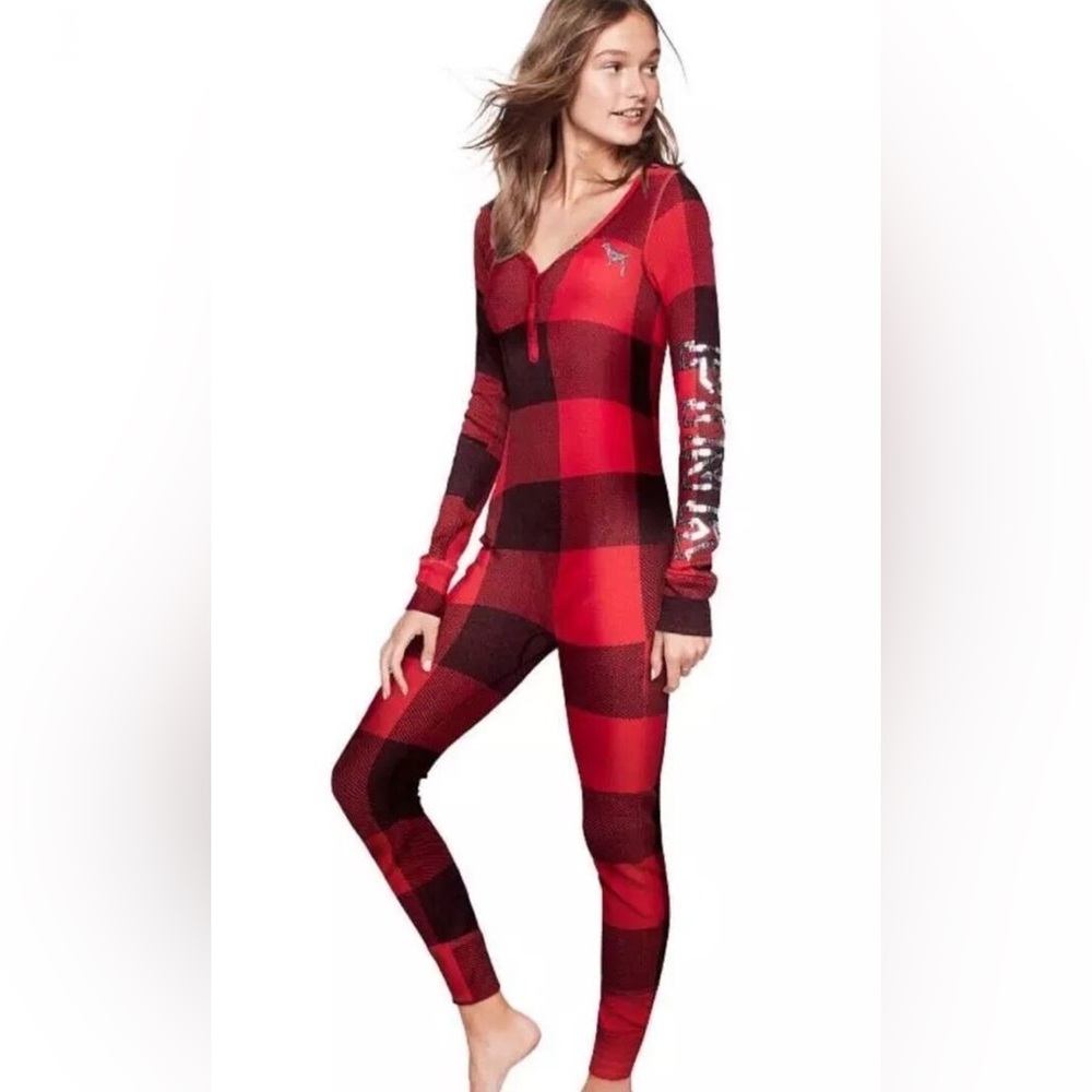 Victoria’s Secret Pink Red Black Plaid Silver Sequin Bling Onesie Pajamas Sleep
